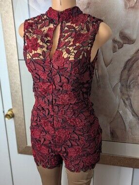 GUESS Teegan Allover Lace Romper Scarlett Red Black Mock Neck High Neck Size 4